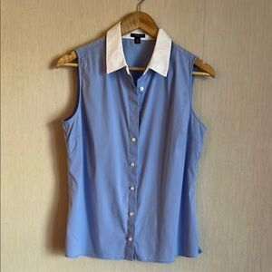 Ann Taylor sleeveless Blue Button Down Shirt with White Collar 8P petite 8